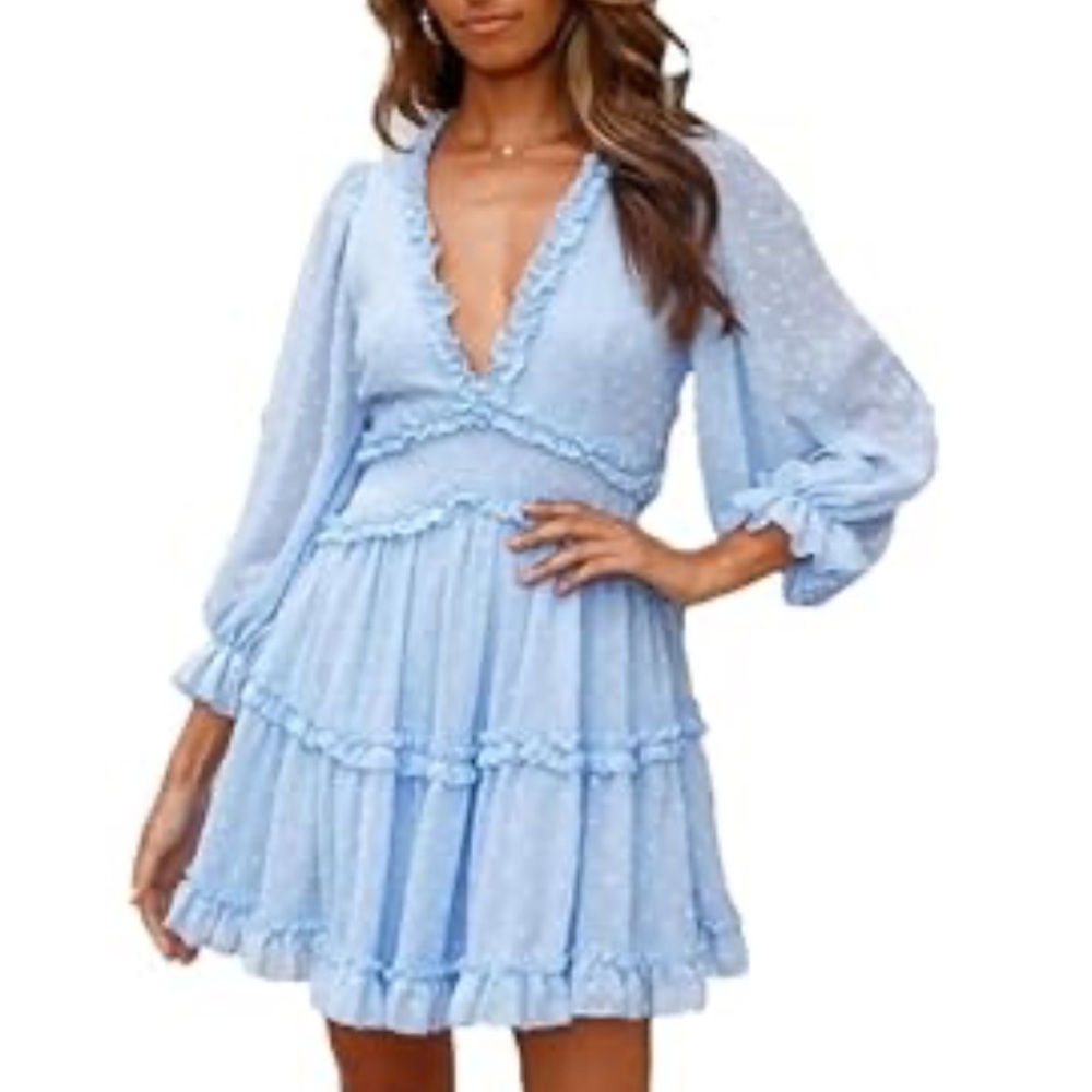 Polka Dot Deep V Ruffle Long Sleeve Open Back Summer Dress